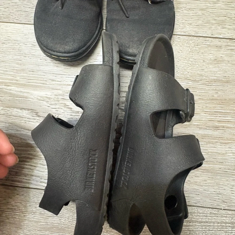 2  set of shoes for little kids. Birkenstock sandals and Dc martens boots